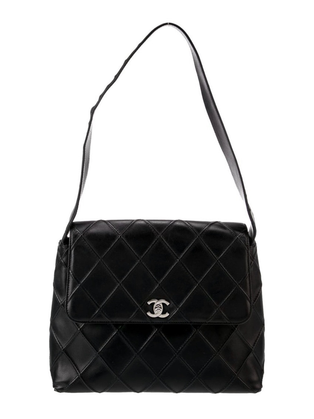 CHANEL Black Quilted Leather Shoulder Bag with Silver CC Hardware